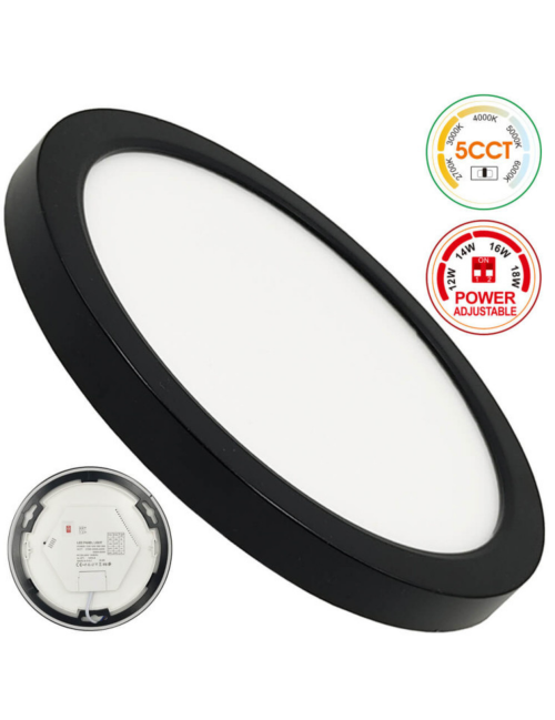 Plafón o Downlight LED Circular Negro Potencia y Color Seleccionable 5CCT 18W - 16W - 14W - 12W 140Lm/W IP44