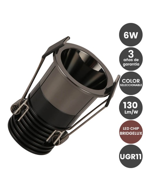 Downlight empotrable LED 6W Negro Cromo Bridgelux Chip 40° UGR11 Color seleccionable