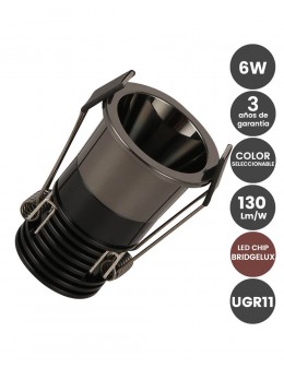 Downlight empotrable LED 6W Negro Cromo Bridgelux Chip 40° UGR11 Color seleccionable